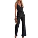 Black lace jumpsuit with spaghetti straps and V-neck, front view on white background.