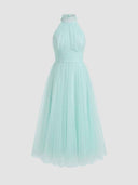 Aqua halter neck maxi dress with a full tulle skirt, front view.