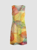Sleeveless mini dress with colorful leaf print and V-neck, front view on a white background.
