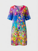Colorful floral mini dress with short sleeves and V-neck, front view on a white background.