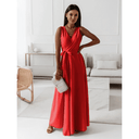 Red sleeveless V-neck maxi dress with waist tie, front view in a white room.