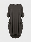 Dark gray mini shirt dress with rolled sleeves and two front pockets, front view.