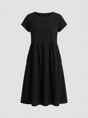 Black short-sleeve mini dress with gathered waist, front view on a light gray background.
