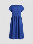 Blue short-sleeve mini dress with gathered waist, front view on a light gray background.