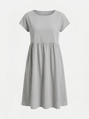 Light gray mini dress with short sleeves and gathered waist, front view.