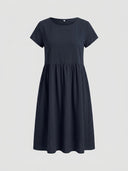 Navy mini dress with short sleeves and gathered waist, front view on light background.