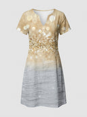 Viola beige floral border print short sleeve mini shift dress with split V-neckline, front view.