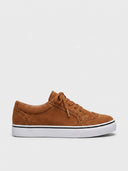 Brown low-top canvas trainers with brogue-style perforated detail, white sole and laces, side view.