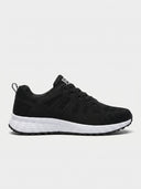 Black gel-cushioned trainers with breathable mesh upper, white cushioned sole, and black laces, side view on white background.