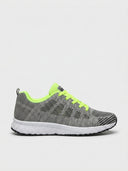 Green gel-cushioned trainers with grey knit upper, neon yellow-green laces and trim, white rubber outsole, side view.