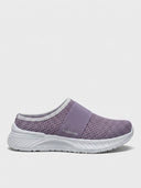Lavender slip-on knit trainer with sparkle upper, wide elastic midfoot strap, and white sole — side view on white background.