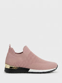 Pink slip-on knit trainer with gold heel accent, cushioned footbed, and black and white non-slip sole, side view.
