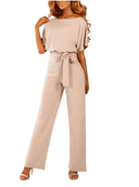 Beige short sleeve jumpsuit with cinch belt, front view on white background.