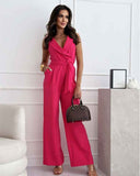 Fuchsia V-neck jumpsuit with integrated tassel tie belt, full front view.