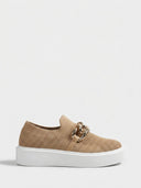 Platform slip-on trainer in Brown with gold chain hardware and white platform sole — side view.