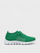 Green mesh orthopaedic trainer with white cushioned segmented sole, side view on white background.