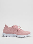 Pink mesh orthopaedic trainer with white segmented cushioned sole, side view on white background.