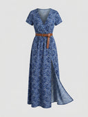 Blue paisley print maxi dress with V-neck, short sleeves, brown belt, and side slit, front view.
