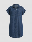 Blair Short Sleeve Denim Mini Shirt Dress in dark blue, front view showing point collar, twin patch pockets, and tonal buttons.