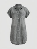 Blair Short Sleeve Denim Mini Shirt Dress in grey, front view showing point collar, twin chest patch pockets, and full button-front closure.