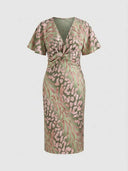 Chloe V-Neck Bodycon Midi Dress in sage green abstract animal print with dusty pink, short flutter sleeves and front twist-knot waist — front view.