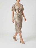 Chloe Bodycon Midi Dress in sage green and dusty pink — three-quarter view showing midi length and short flutter sleeves.