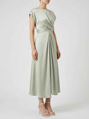 Sage green satin midi dress with draped bodice, pleated skirt, and long sleeves, front view.