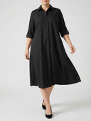 Agnes Summer Midi Shirt Dress in black — full-length front view on light background showing mid-calf midi hem and relaxed A-line shirt-dress silhouette.