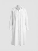 Agnes Summer Midi Shirt Dress in white — front view showing pointed collar, concealed button-front placket and relaxed A-line midi silhouette on light grey background.