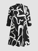 Alanna 3/4 sleeve summer mini dress in black with all-over white abstract print and stand collar, straight-on front view