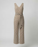 Beige patterned jumpsuit with V-neck and tied waist, front view on light background.