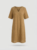Amber Summer Mini Dress in Khaki — floral embroidered V-notch shift mini dress with 3/4 sleeves, front view.