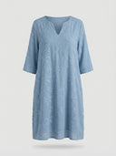 Amber Summer Mini Dress in Sky Blue — all-over floral embroidered V-notch mini dress with three-quarter sleeves, front view.