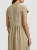Amelia cap sleeve empire midi dress in khaki, back view showing gathered A-line skirt on white background.