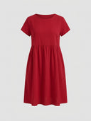 Amelia cap sleeve empire waist midi sundress in red, front view on white background.