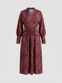 Amelia floral A-line midi wedding guest dress in violet with orange botanical print, deep V-neck, twisted waist and full-length bishop sleeves, front view.