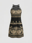 Amelia Halter Neck Mini Summer Dress in Black, beige tribal geometric print on black ground with braided macramé halter neckline, front view.