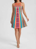 Amelia Halter Neck Mini Summer Dress, sleeveless A-line mini with braided macramé halter neckline and multicolour Aztec-tribal geometric print, front view.