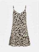 Amelia leopard print spaghetti strap mini dress in apricot, straight-on front view showing relaxed silhouette and all-over animal print.
