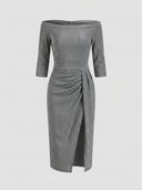 Grey shimmer off-shoulder bodycon midi dress with 3/4 sleeves, ruched front-hip gather and front thigh slit, front view.
