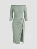 Light green shimmer off-shoulder bodycon midi dress with 3/4 sleeves, ruched front gather and front thigh slit, front view.