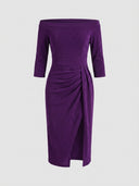 Purple shimmer off-shoulder bodycon midi dress with 3/4 sleeves, ruched front and front thigh slit, front view.