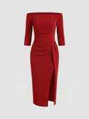 Red shimmer off-shoulder bodycon midi dress with 3/4 sleeves, ruched front and front thigh slit, front view.