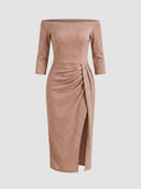 Rose gold shimmer off-shoulder bodycon midi dress with 3/4 sleeves, ruched front-hip gather and front thigh slit, front view.