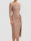 Rose gold shimmer off-shoulder bodycon midi dress with 3/4 sleeves, front view showing all-over metallic finish and ruched detail.