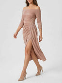 Rose gold shimmer off-shoulder bodycon midi dress with 3/4 sleeves and front thigh slit, angled view on white background.