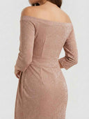 Rose gold shimmer off-shoulder bodycon midi dress with 3/4 sleeves, back view showing smooth midi-length skirt and ruched side detail.