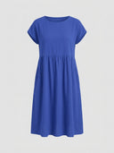 Blue empire waist mini dress with short sleeves and gathered skirt, front view.
