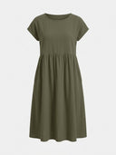 Olive green mini dress with short sleeves and empire waist, front view.