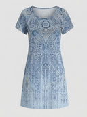 Amelia short sleeve paisley mini dress in blue with white paisley print, front view — blue summer wedding guest dress